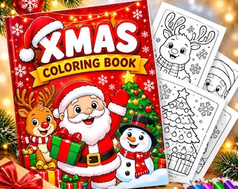May include: A Christmas coloring book with a red cover featuring Santa Claus, a reindeer, and a snowman. The title XMAS COLORING BOOK is printed in large white letters. Several black and white coloring pages are visible next to the book.