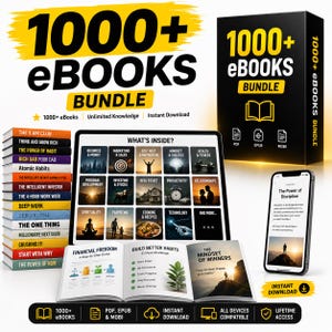 Puede incluir: Un paquete de productos digitales que incluye una pila de libros, una tableta con una cuadrícula de categorías, un libro abierto con texto y un teléfono inteligente que muestra un capítulo. El texto dice 1000+ eBOOKS BUNDLE, WHAT'S INSIDE y THE MINDSET OF WINNERS.