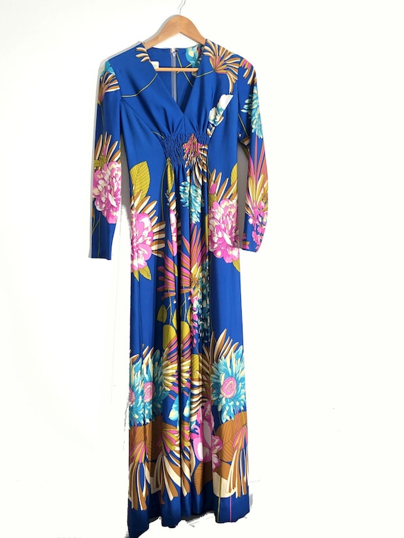 Vintage 1970s Blue Oversized Floral Gown Long Slee