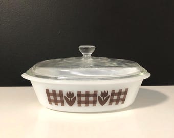 Vintage Glassbake Brown Tulip Gingham Oval Casserole Dish with Lid