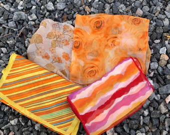 Lot of Four FLAWED Vintage Orange Floral & Striped Scarves