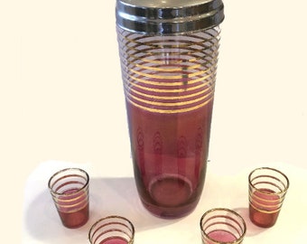 Vintage Mid Century Pink & Gold Cocktail Shaker and Shot Glass Set