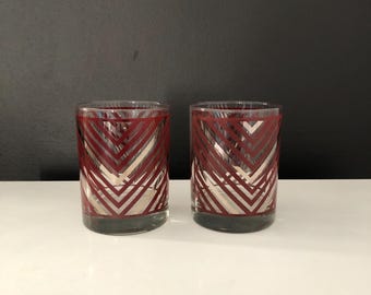 Set of Two Vintage Georges Briard Art Deco Design Burgundy & Silver Rocks Glasses