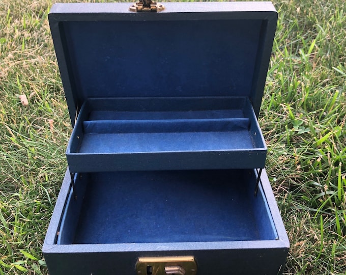 Vintage Two Tier, Navy Blue Jewelry Box With Lock & Key Etsy