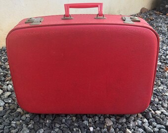 Vintage Mid Century Red Suitcase with Top Handle - Mid Sized Red Luggage