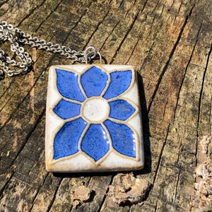 Vintage CUB Denmark, Blue Floral Ceramic Tile Statement Necklace