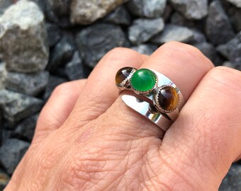 Vintage Beau Sterling Ring with Tiger's Eye & Jade Stones