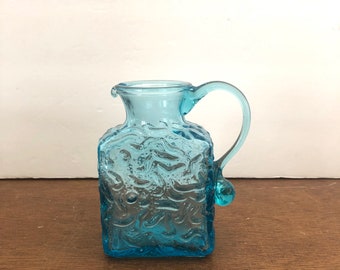 Vintage Small Pilgrim Blue Glass Textured Creamer or Mini Pitcher with Handle