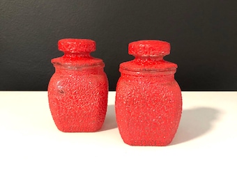 Set of Two Vintage Red Bubble Texture Glass Jars with Lids, Decorative Jar or Vase