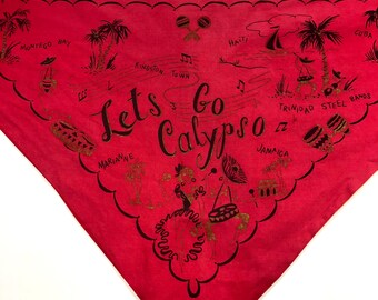 Vintage Red Souvenir Calypso Headscarf, Triangle Head Wrap w/ Headband, Caribbean Style
