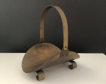 Antique Mini Brass Footed, Firewood Holder, Metal Basket with Top Handle