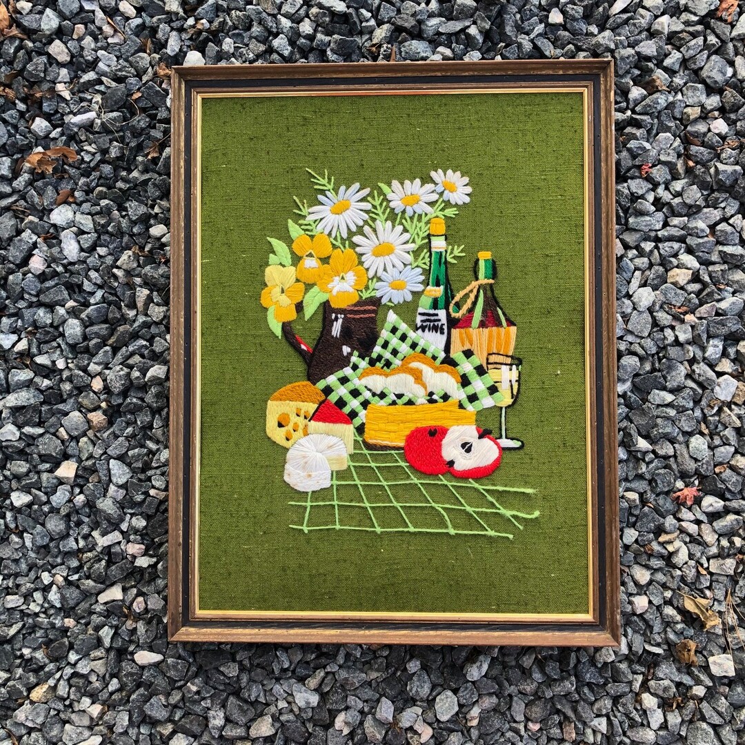 Vintage Large Crewel Yarn Art Food Themed With Daisies and Wine Bottles