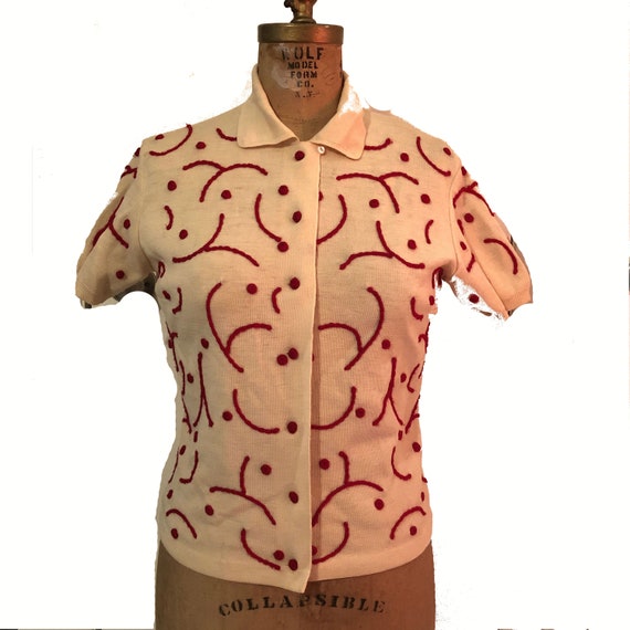 Vintage Cream & Red Embroidered Short Sleeve Butto