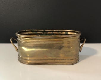 Small Vintage Solid Brass, Oblong Planter with Handles