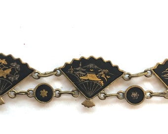 K24 Vintage Damascene Black Gold Silver Inlay Dainty Fan Link Bracciale Komi