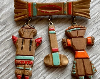 1940s Walnut Wood Kachina Doll Dangle Pin Vintage Brooch Kitsch Rare