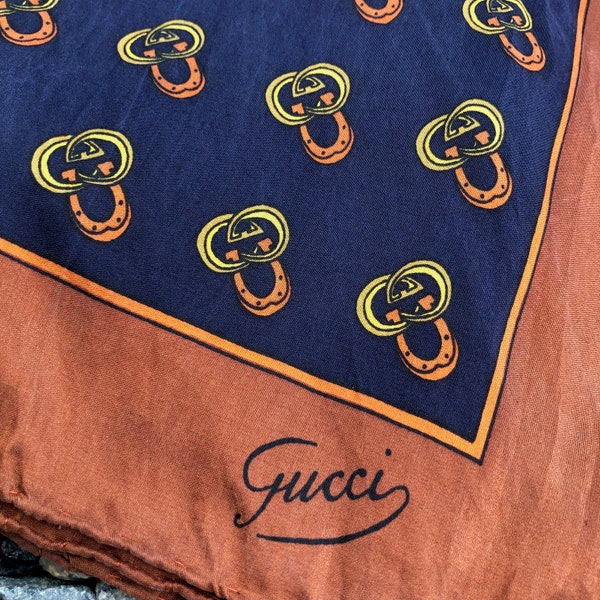 Vintage Gucci Horseshoe Signature Logo Print Silk Scarf