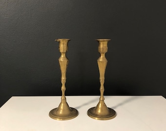 Set of Two Vintage Brass, Candlestick Holders with Etched Design - For Table Top, One is FLAWED
