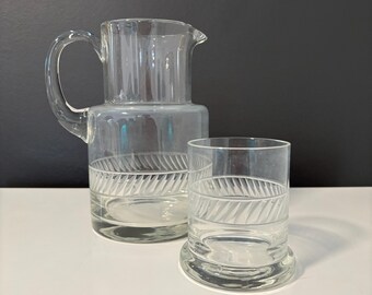 Vintage Etched Glass Pitcher with Glass for Bedside Table