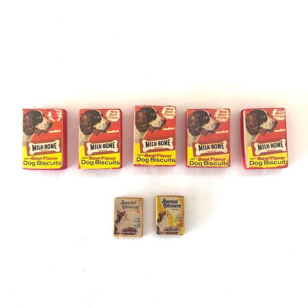 Veel vintage jaren 1970 poppenhuis miniatuur melk-bot hondenkoekjes dozen & speciale diners kattenvoer dozen