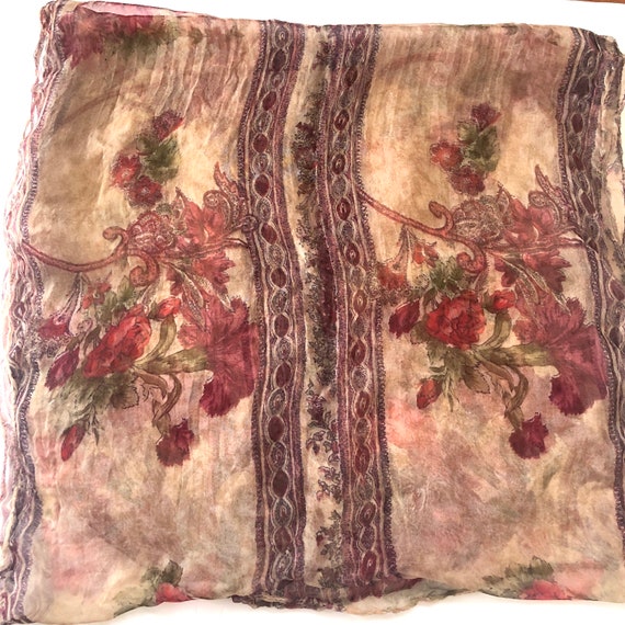 Vintage Red Rose Floral & Paisley Print Sheer Sca… - image 8