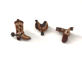 Set of Three Mini Cowgirl or Cowboy Pins - Cowboy Boot, Saddle, Holster