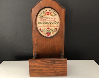 Vintage Folk Art Wooden Letter Holder with 'Example' Embroidery - Wall Hanging