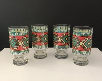Set of Four Vintage Anchor Hocking Indian Apache Glasses in Caddy - Southwestern Print