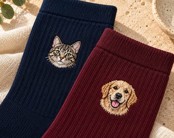 Gift for Pet Lovers, Personalized Embroidered Pet Face Socks, Custom Pet Photo Socks, Dog Cat Portrait Socks