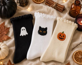Halloween Embroidered Ruffle Socks, Ghost Cat Pumpkin Crew Socks, Fall Gift