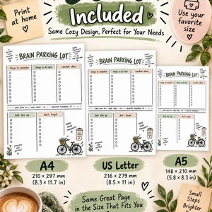 May include: Three printable Brain Parking Lot planner pages in A4, US Letter, and A5 sizes. Each page features columns for things to remember, things to do later, random ideas, look this up, and don't forget, with a bicycle and coffee cup graphic.