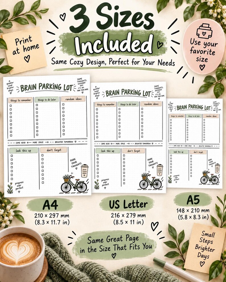 May include: Three printable Brain Parking Lot planner pages in A4, US Letter, and A5 sizes. Each page features columns for things to remember, things to do later, random ideas, look this up, and don't forget, with a bicycle and coffee cup graphic.
