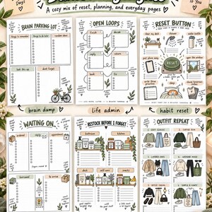 May include: A set of six printable A4 planner pages titled Bundle Highlights, featuring sections for brain parking, open loops, reset button, waiting on, restock before I forget, and outfit repeat with hand-drawn illustrations and text.