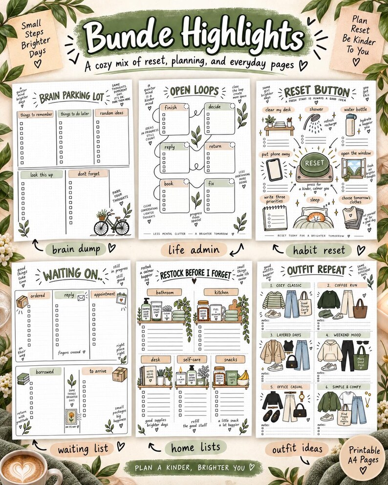 May include: A set of six printable A4 planner pages titled Bundle Highlights, featuring sections for brain parking, open loops, reset button, waiting on, restock before I forget, and outfit repeat with hand-drawn illustrations and text.