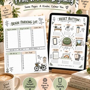 May include: A digital planner set featuring a Brain Parking Lot page and a Reset Button page with illustrations of a bicycle, a bed, and a window. The pages include checklists and text prompts for organization, displayed on paper and a tablet screen.