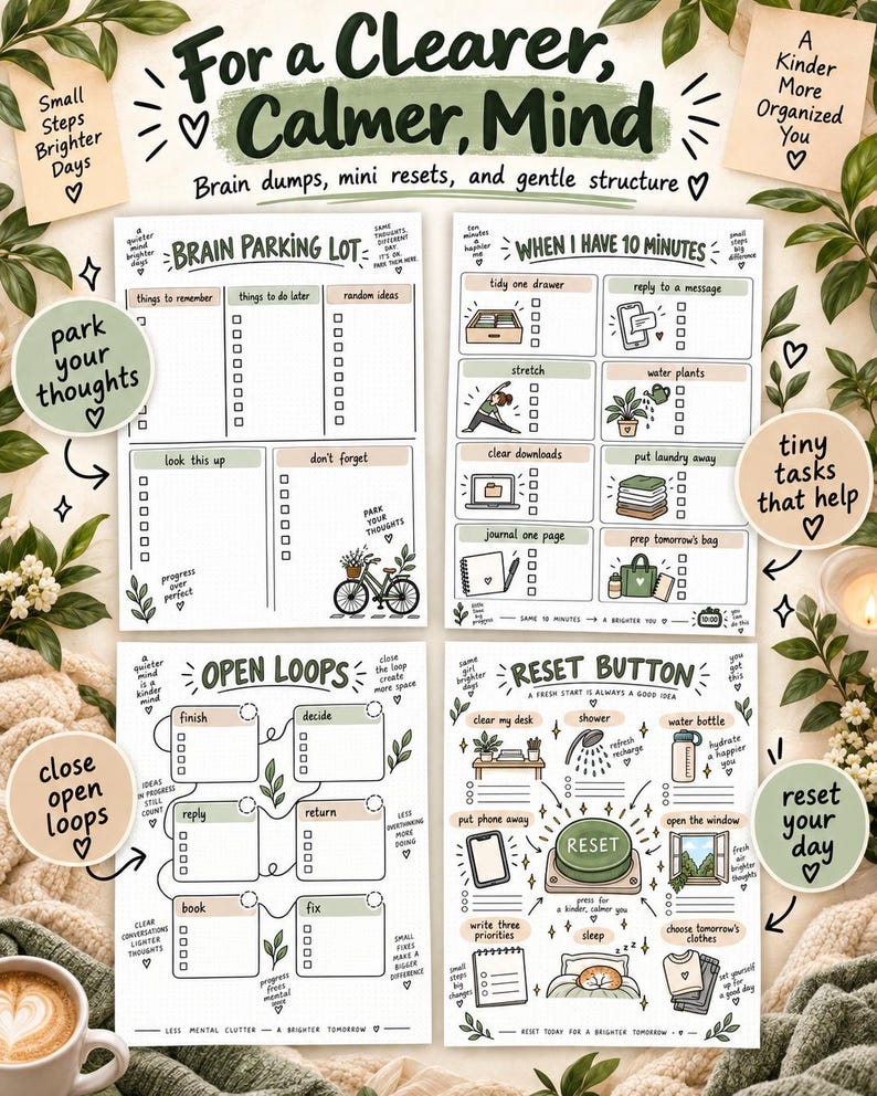 May include: Four white paper planning sheets with green and brown accents, featuring the titles For a Clearer, Calmer, Mind, Brain Parking Lot, When I Have 10 Minutes, Open Loops, and Reset Button, with various checklists, icons, and motivational text.