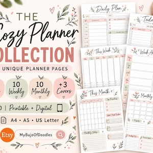 Pode incluir: A Cozy Planner Collection inclui 33 páginas de planeamento imprimíveis e digitais nos tamanhos A4, A5 e US Letter. O conjunto apresenta layouts diários, semanais e mensais decorados com ilustrações florais em tons suaves de rosa e verde.