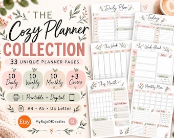 May include: The Cozy Planner Collection includes 33 printable and digital planner pages in A4, A5, and US Letter sizes. The set features daily, weekly, and monthly layouts decorated with floral illustrations in soft pink and green tones.