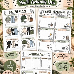 May include: Three printable planner pages titled Cozy Pages You'll Actually Use, Outfit Repeat, Things I Keep Googling, and Waiting On. The pages feature hand-drawn illustrations, checklists, and text boxes for organizing daily life and habits.