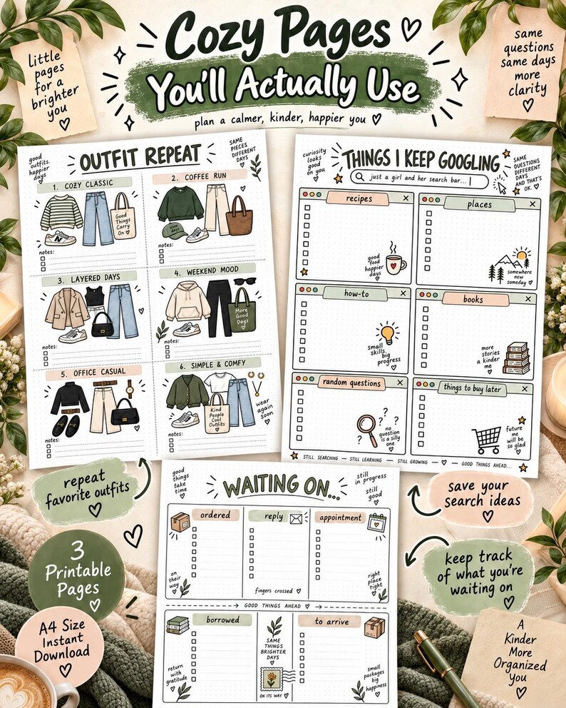May include: Three printable planner pages titled Cozy Pages You'll Actually Use, Outfit Repeat, Things I Keep Googling, and Waiting On. The pages feature hand-drawn illustrations, checklists, and text boxes for organizing daily life and habits.