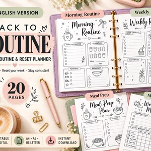 Può includere: Un planner per routine e reset da 20 pagine con fogli stampabili che includono sezioni per routine mattutine, reset settimanali, preparazione dei pasti e movimento, completi di liste di controllo, tracker degli obiettivi e icone.