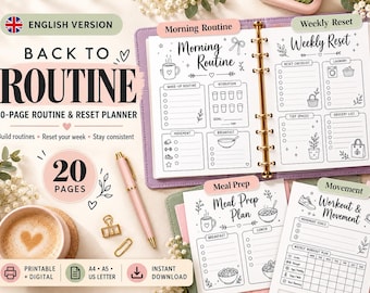 May include: A 20-page routine and reset planner featuring printable pages with sections for morning routines, weekly resets, meal prep, and workout movement. The planner includes checklists, goal trackers, and icons, presented in a clean, black and white layout.
