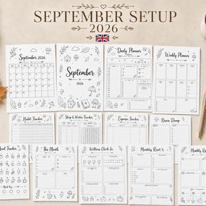 May include: A collection of white paper planner pages for September 2026 featuring black ink illustrations of autumn leaves, mushrooms, and umbrellas. The set includes a monthly calendar, daily and weekly planners, habit, sleep, water, and expense trackers.