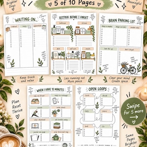 May include: A set of five printable planner pages featuring sections titled Waiting On, Restock Before I Forget, Brain Parking Lot, When I Have 10 Minutes, and Open Loops. The pages include checklists, grid paper, and illustrations of household items.