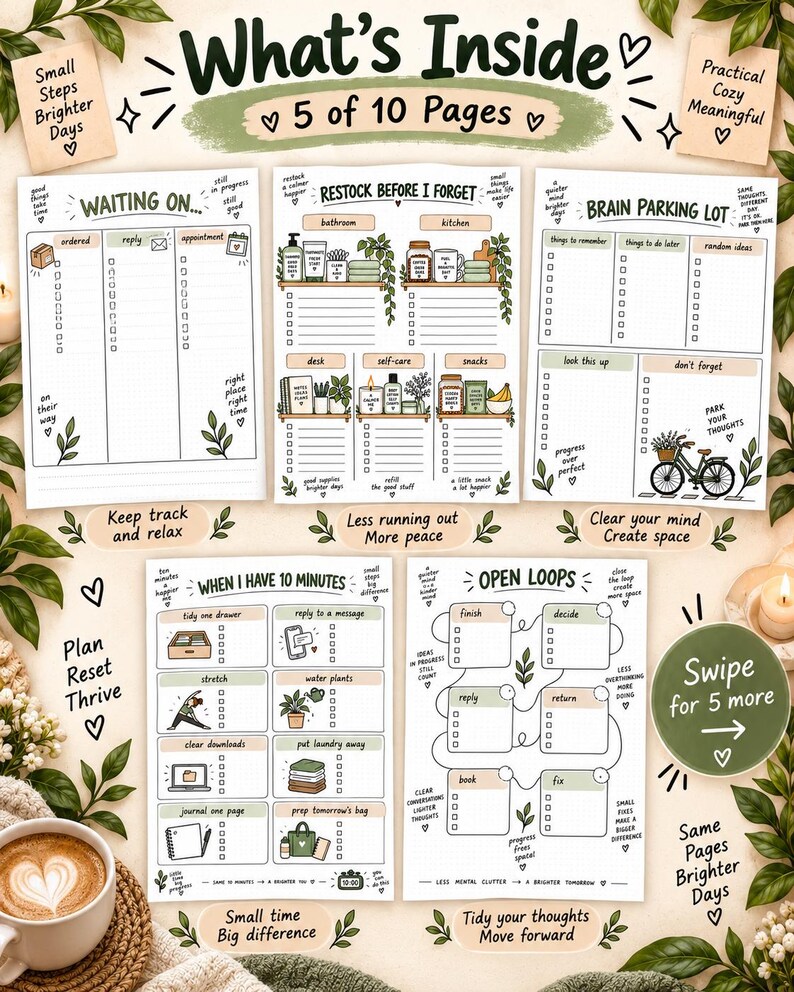 May include: A set of five printable planner pages featuring sections titled Waiting On, Restock Before I Forget, Brain Parking Lot, When I Have 10 Minutes, and Open Loops. The pages include checklists, grid paper, and illustrations of household items.