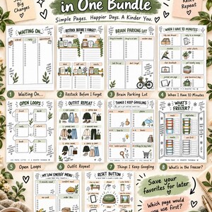 May include: A digital bundle of 10 printable planner pages featuring hand-drawn illustrations and text including Waiting On, Restock Before I Forget, Brain Parking Lot, When I Have 10 Minutes, Open Loops, Outfit Repeat, Things I Keep Googling, What's in the Freezer, My Low Energy Menu, and Reset Button.