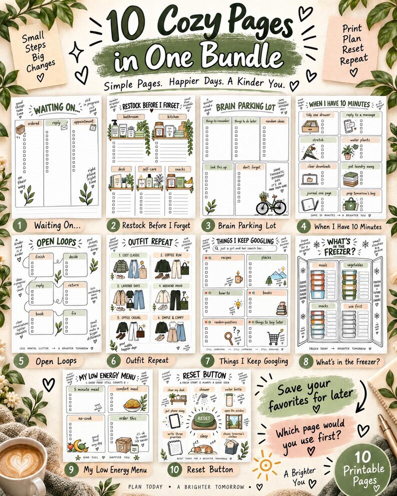 May include: A digital bundle of 10 printable planner pages featuring hand-drawn illustrations and text including Waiting On, Restock Before I Forget, Brain Parking Lot, When I Have 10 Minutes, Open Loops, Outfit Repeat, Things I Keep Googling, What's in the Freezer, My Low Energy Menu, and Reset Button.