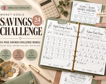May include: A 24-page savings challenge bundle featuring printed sheets with trackers for money goals, including a digital savings check-in and future fund focus. The pages contain tables, numbered boxes, and floral illustrations in black ink on white paper.