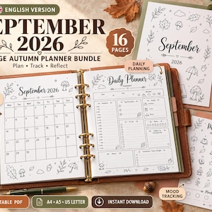 Può includere: Un set di 16 pagine per la pianificazione autunnale di settembre 2026, che include calendario mensile, agenda giornaliera e tracker dell'umore. Il PDF stampabile presenta disegni al tratto con motivi stagionali come funghi e foglie.
