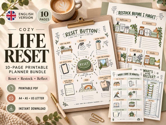 Cozy Life Reset Planner Bundle, 10 Bullet Journal Printable & Digital Pages, A4 A5 Letter